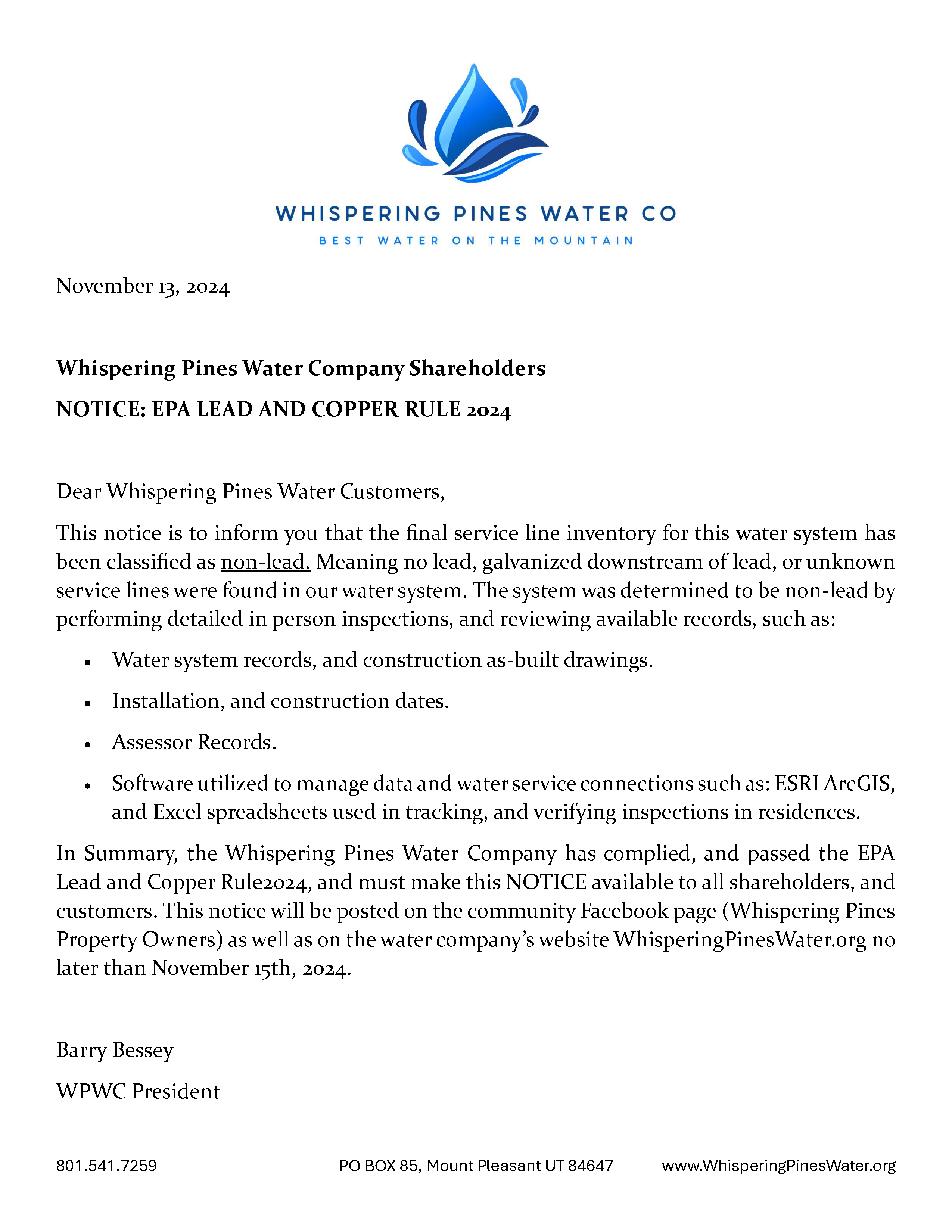 WPWC NonLead Notification Statement 2024